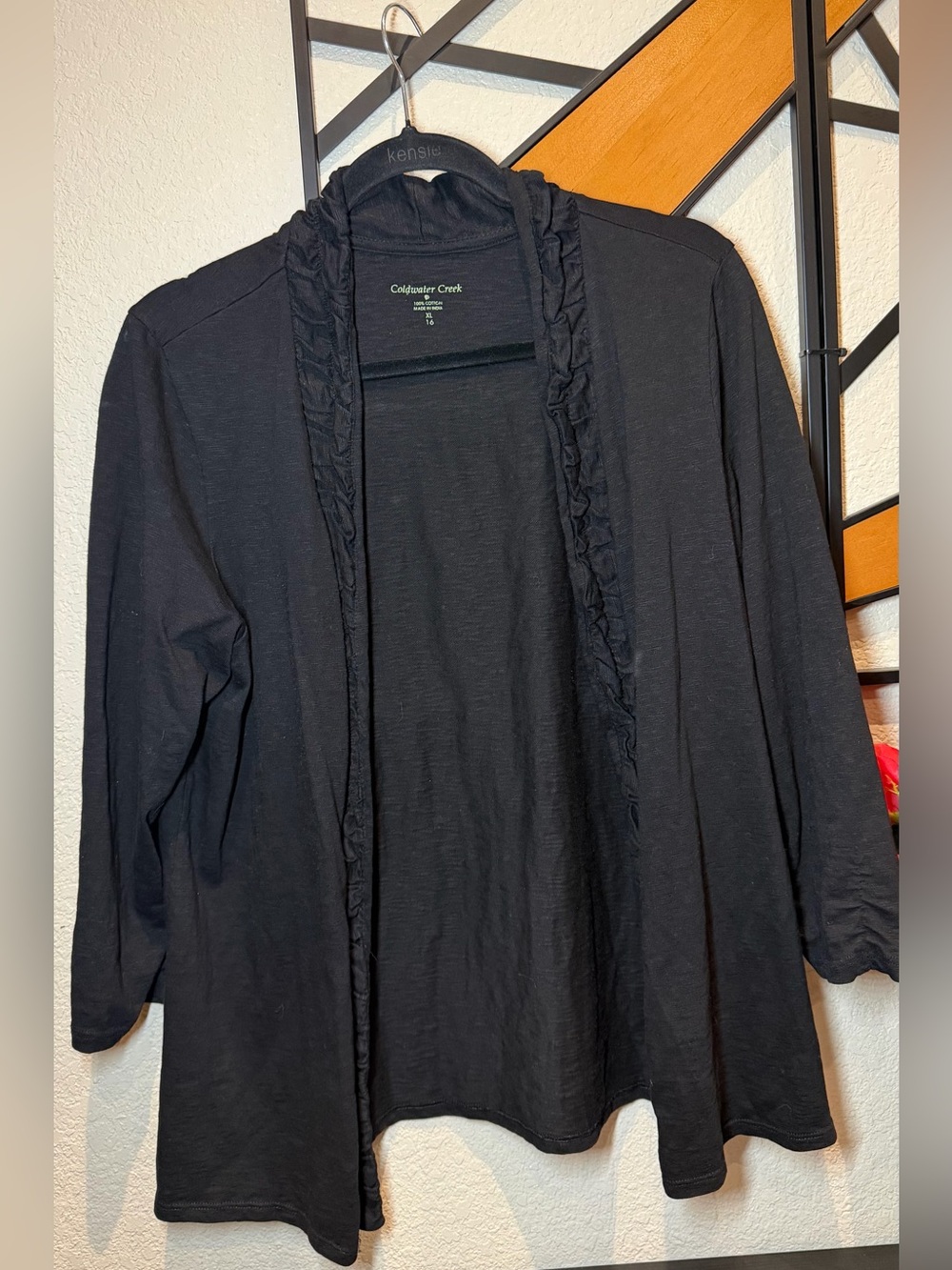 Coldwater Creek Women’s Black Open-Front Ruffle Cardigan Jacket 100% cotton